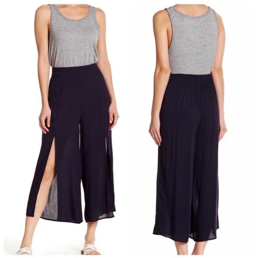 Good Luck Gem Black Wide Leg Split Pants Size L High Waist Flowy Rayon Boho